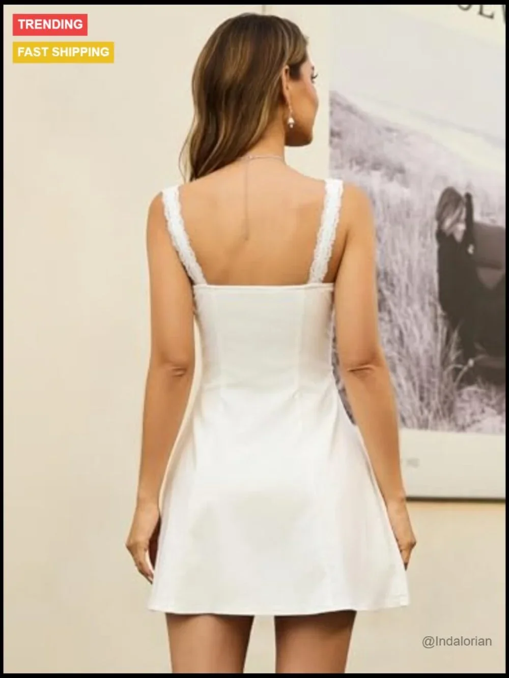 Lace Square Neck Mini Dress Flowy A Line Backless Summer Casual - Picture 3 of 7